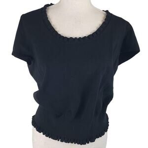 Evie Black Silk Blend Fitted Waist Blouson Scalloped Hem Cap Sleeve Sweater XL